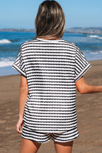 Black Stripe Knitted Short Sleeve Top and Drawstring Shorts Set