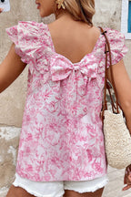 Pink Floral Ruffle Short Sleeve Bow Back Blouse
