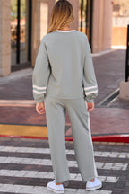 Gray Varsity Stripe Patchwork Puff Sleeve Pullover Drawstring Wide Leg Pant Set