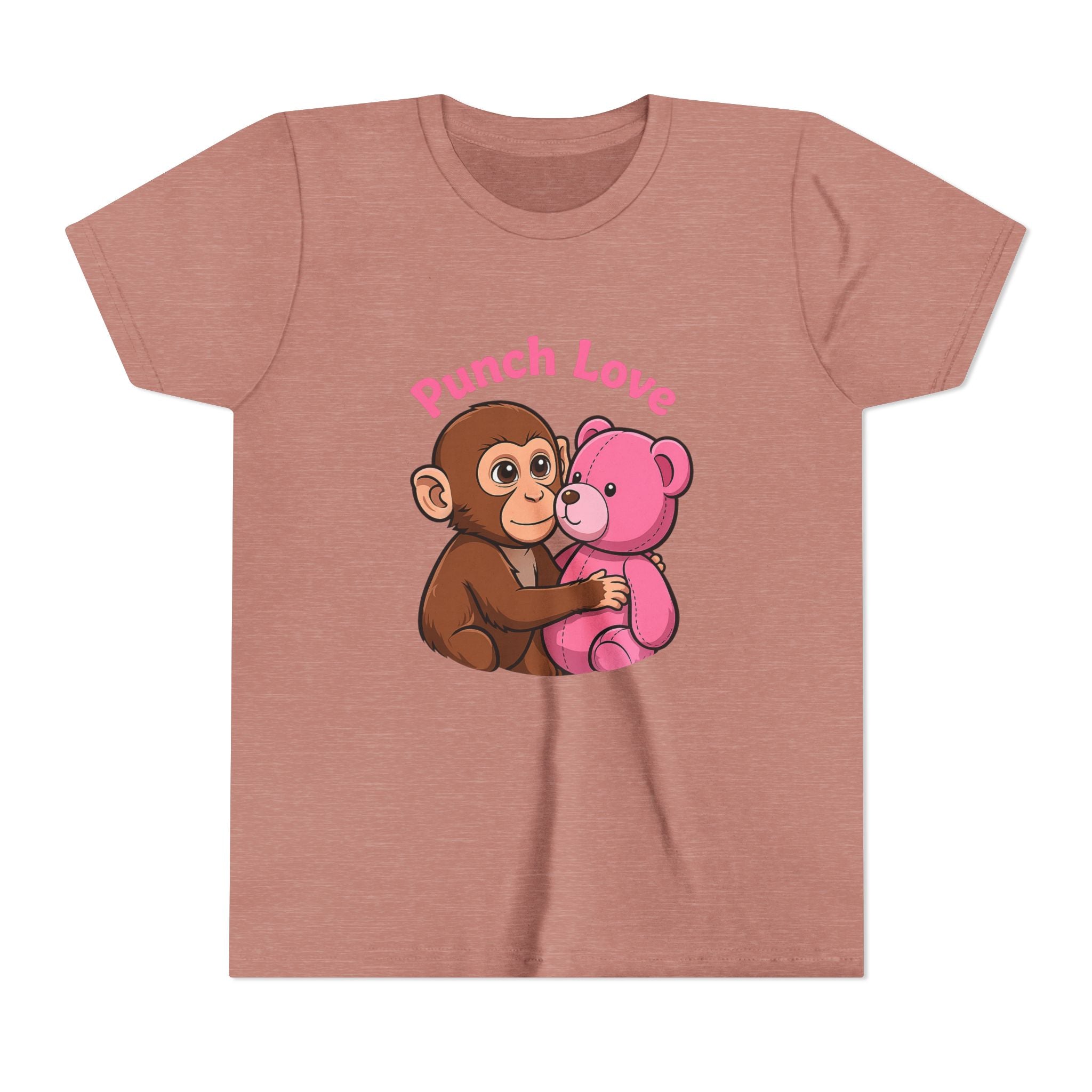 Youth Tee — "Punch Love" Monkey Hugging Pink Teddy Cute Kids Valentine Shirt