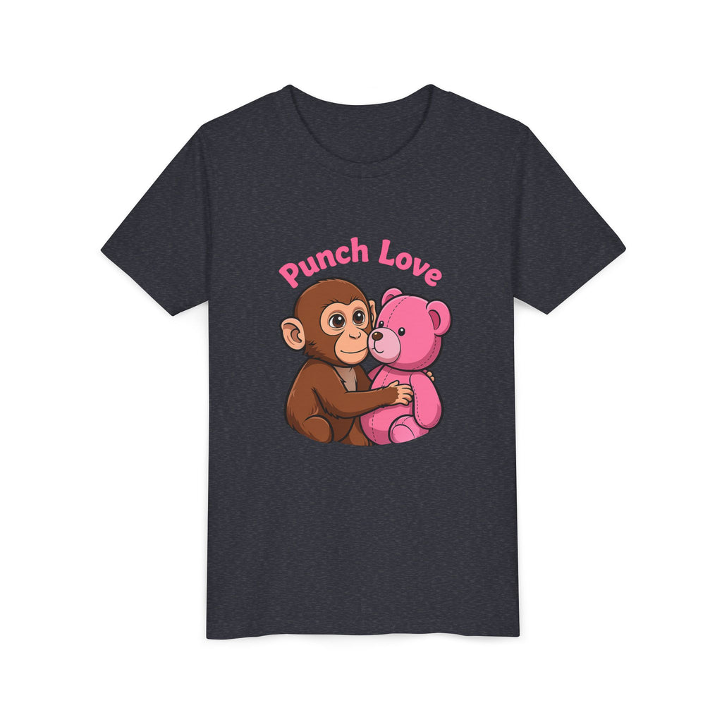 Youth Tee — "Punch Love" Monkey Hugging Pink Teddy Cute Kids Valentine Shirt