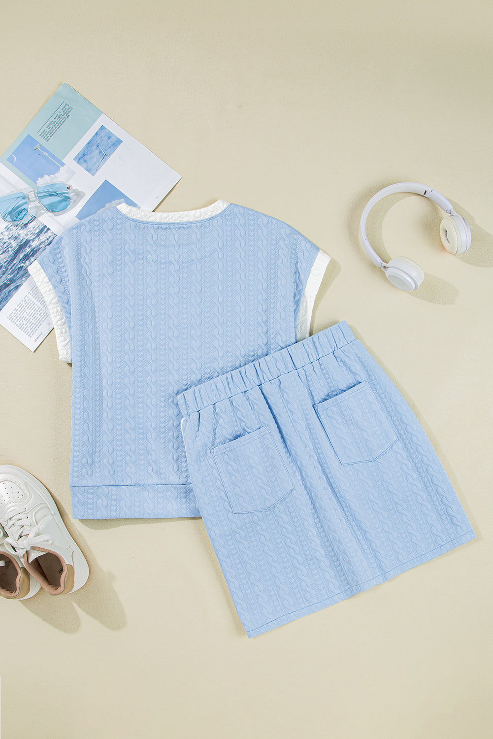 Beau Blue Contrast Trim Textured Crewneck Top and Pocketed Skirt Set