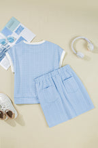Beau Blue Contrast Trim Textured Crewneck Top and Pocketed Skirt Set
