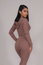 Brown Cropped Hoodie with Front Zip