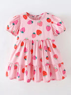 Children's Strawberry Print Tiered Puff Sleeve Dress