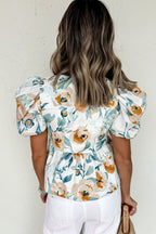 Green Floral Print Puff Sleeve V Neck Babydoll Blouse