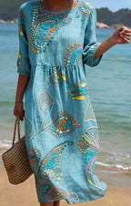 Women's 3D Floral Print Long-Sleeve A-Line Dress – Crew Neck Loose Fit