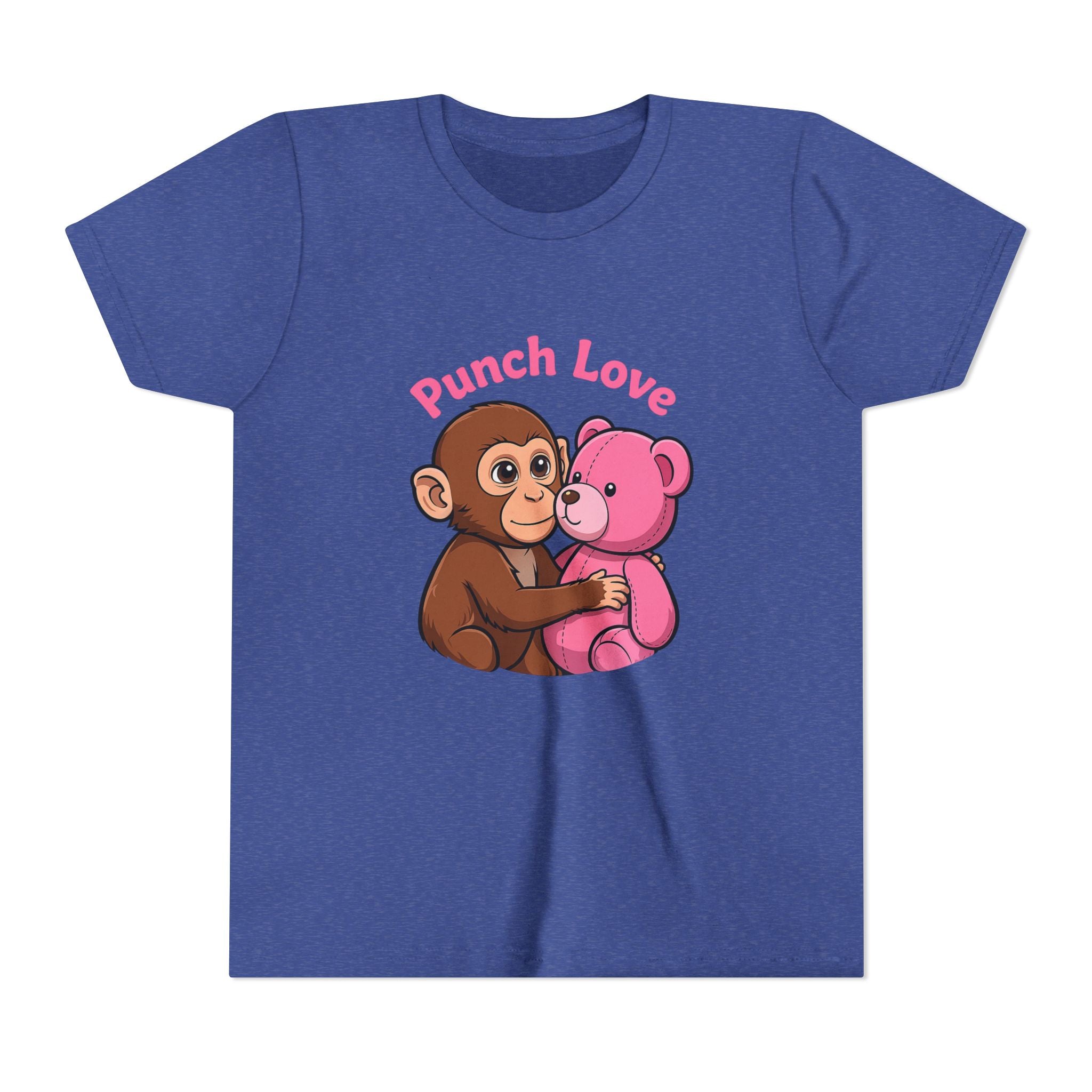 Youth Tee — "Punch Love" Monkey Hugging Pink Teddy Cute Kids Valentine Shirt