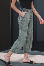 Smoke Gray Acid Wash Barrel Fit Denim Pants with Waist String