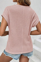 Oatmeal Hollow Patchwork Waffle Knit Top