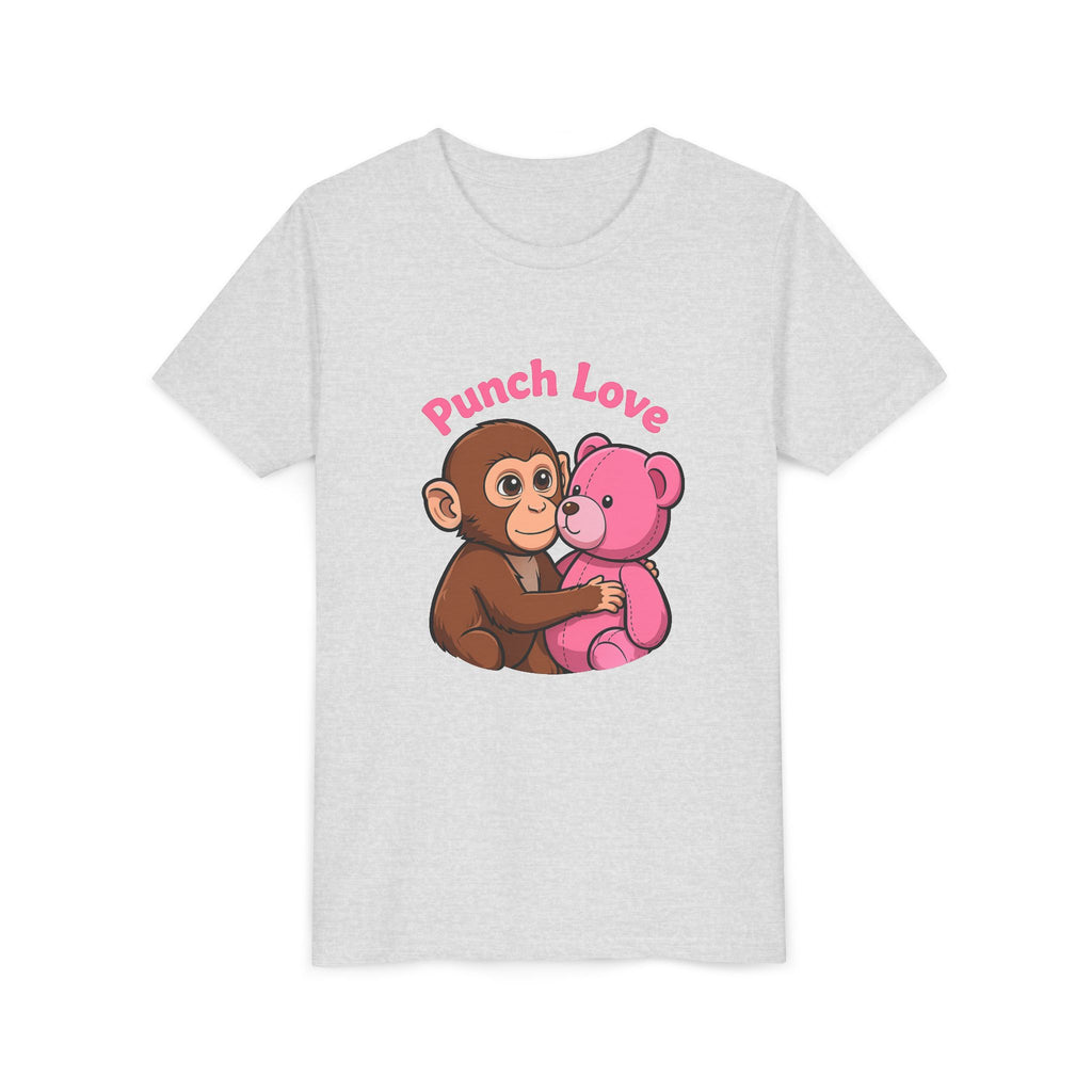 Youth Tee — "Punch Love" Monkey Hugging Pink Teddy Cute Kids Valentine Shirt