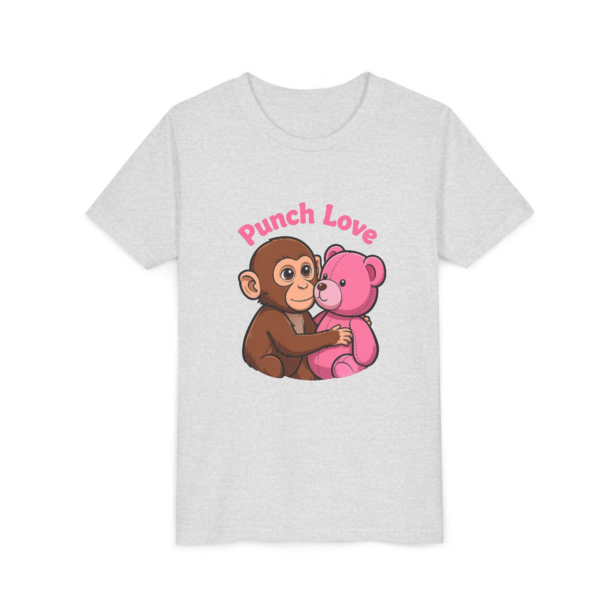 Youth Tee — "Punch Love" Monkey Hugging Pink Teddy Cute Kids Valentine Shirt