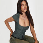 Women's Retro Square-neck Short-sleeve Top With Double Zippers