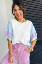 White Color Block Patchwork Half Sleeve Oversized T Shirt