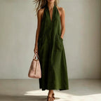 Cotton Halterneck Sleeveless Deep V-Neck Loose Straight-Line Dress