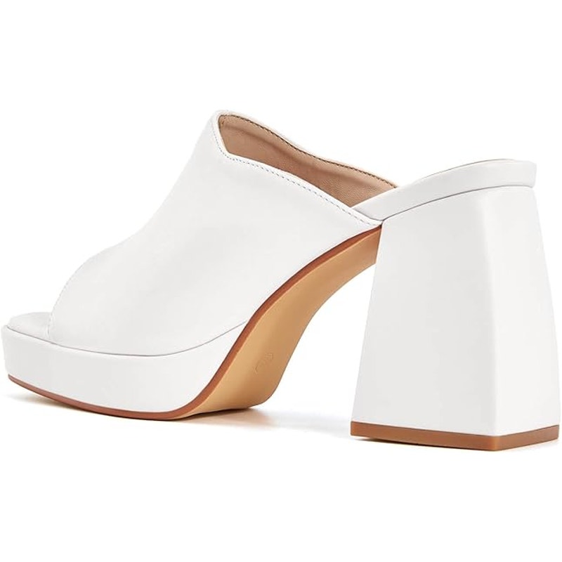 Coutgo Womens 6.5 White Faux Leather Open Toe 4" Block Heel Slide On Mule Shoes