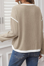 Four Leaf Clover Contrast Color Trim Knit Drop Shoulder Loose Top