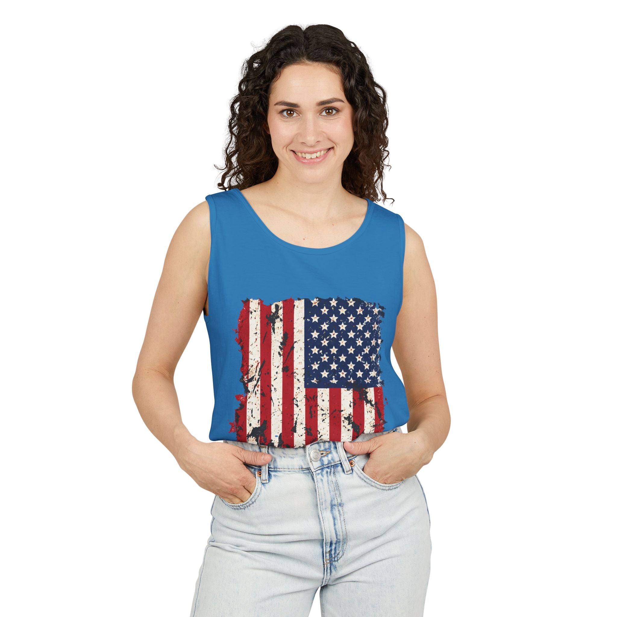 Distressed American Flag Tank Top  Patriotic USA Sleeveless Shirt for 4th of July Summer and Everyday Wear