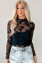 Apricot Pink Mock Neck Floral Lace Mesh Long Sleeve Top