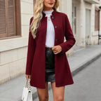 Women’s Elegant Stand Collar Slim Jacket – Button Front A-Swing Long Sleeve Coat
