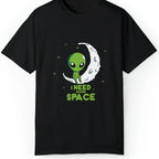 Black t-shirt with an alien and moon graphic and 'I Need More Space' text on a white background