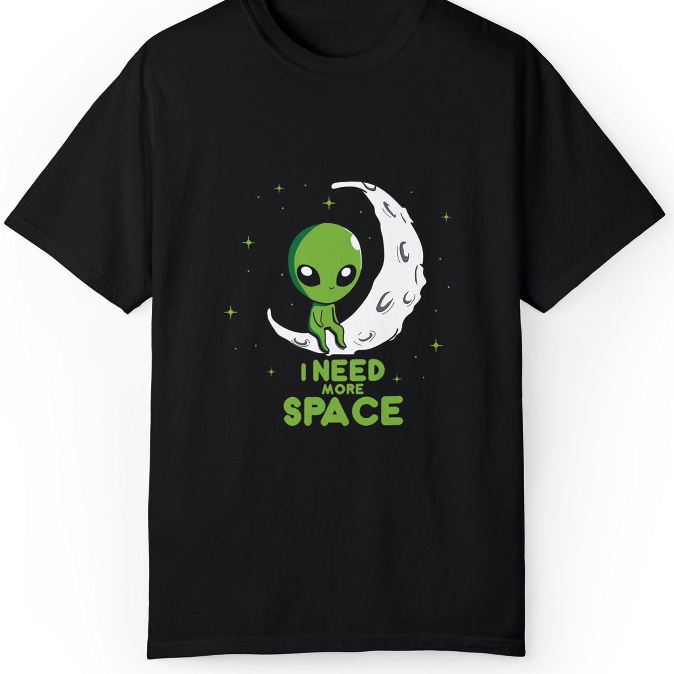Black t-shirt with an alien and moon graphic and 'I Need More Space' text on a white background