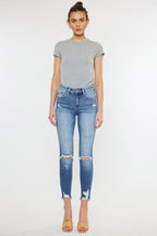 High Rise Fray Hem Ankle Skinny Jeans