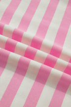 Pink Stripe Collar V Neck Ruffled Short Sleeve Blouse