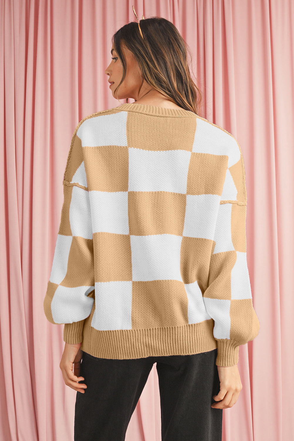 Dark Brown Plaid Bishop Sleeve Pullover Sweater