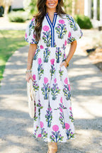 White Floral Puff Short Sleeve V Neck High Waist Maxi Dress