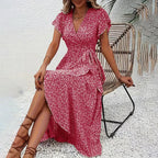 Summer Floral Boho Dress - Short Sleeve Ruffle Flowy Maxi Dresses