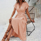 Summer Floral Boho Dress - Short Sleeve Ruffle Flowy Maxi Dresses