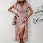 Summer Floral Boho Dress - Short Sleeve Ruffle Flowy Maxi Dresses