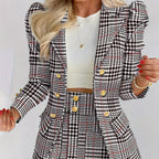 Plus Size Plaid Skirt Suit for Women – Two-Piece Blazer and High Waist Skirt Set