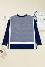 Blue Striped Colorblock Patchwork Dolman Oversize Tunic Sweater