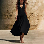 Sleeveless V-Neck Button Dress – Elegant Cotton-Linen Maxi Dress