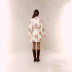 Digital Print Lantern Sleeve Linen Midi Dress – Loose Fit Pullover