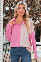 Pink Mixed Texture Waffle Floral Patchwork Hooded Oversized Pullover Top