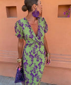 Women's Ruched Maxi Dress – V-Neck Short Sleeve, Form-Fitting Printed Elegant