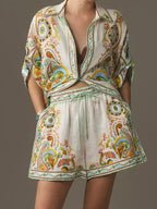 Printed Button Up Shirt and Shorts Set