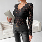 Women's Elegant V-Neck Lace Patchwork Long Sleeve Top