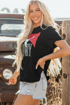 Black Western HOWDY Steer Head Print Side Slits Loose Fit T Shirt