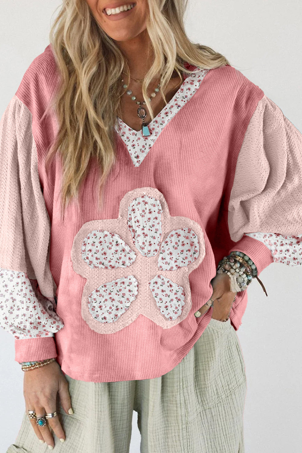 Beige Floral Textured Colorblock Patchwork Bishop Sleeve Hooded Top