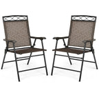 Set of 2 Patio Folding Chairs Sling Portable Dining Chair Set with Armrest