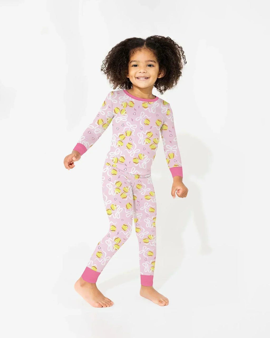 Softball Cherry Mom And Girl Matching Bamboo Two Piece Long Sleeve Pajama Set