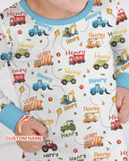 Construction Vehicles Custom Name Bamboo Two Piece Long Sleeve Pajama Set