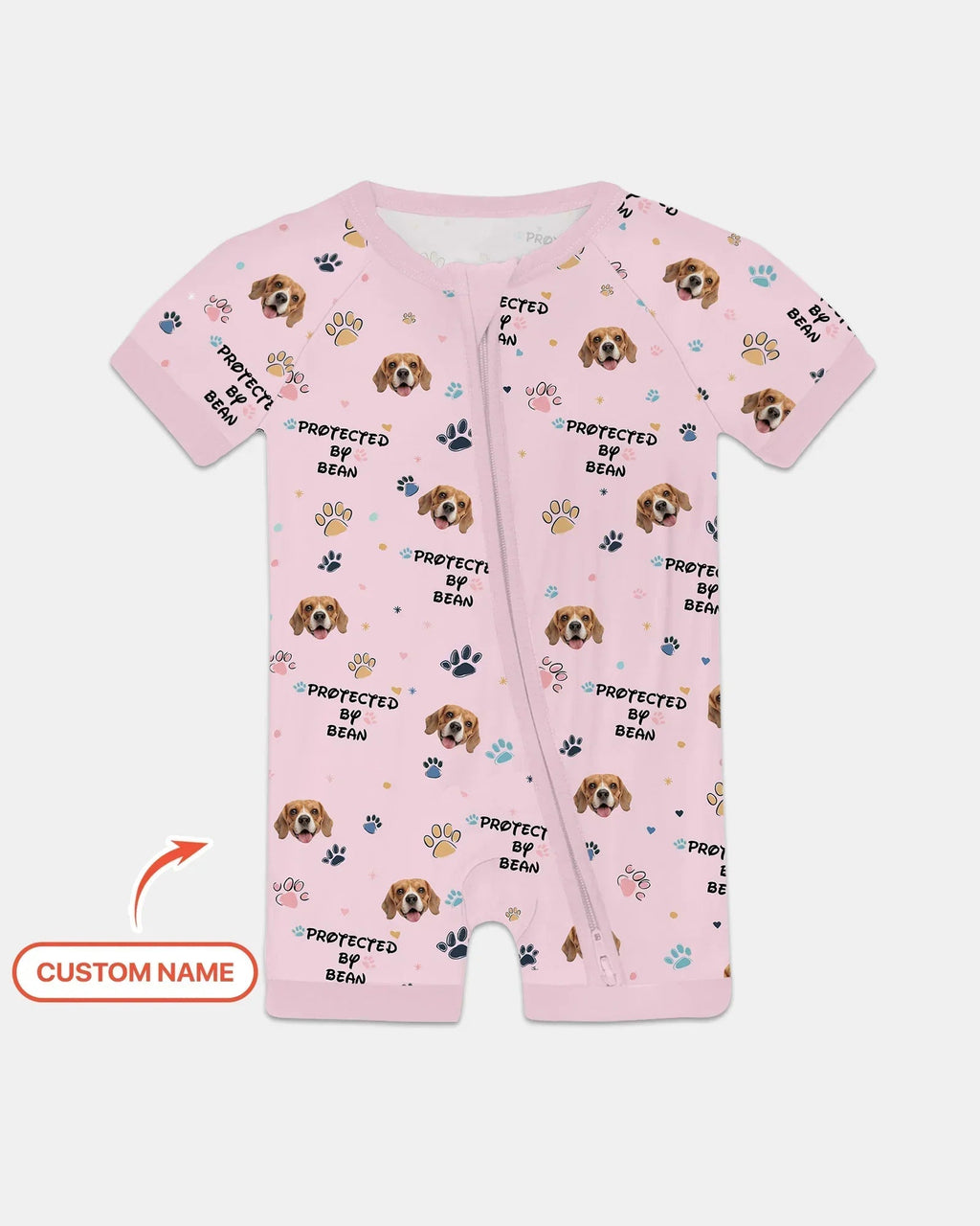 Custom Dog Photo Pattern "Protected By" Bamboo Shorty Zippered Romper