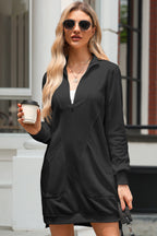 Black Zip up Collared Ribbed Patchwork Sweatshirt Dress with Pockets