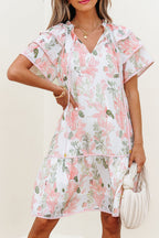 Pink Floral Contrast Edge Layered Short Sleeve Mini Dress