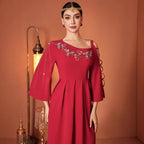Red Designer Model Heavy Industry Hand Sewing Drill Off-the-shoulder Dress